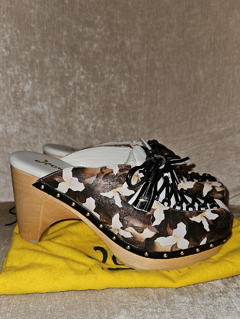 Joan Los Angeles Women’s Floral Leather Clog Mules in Brown and White